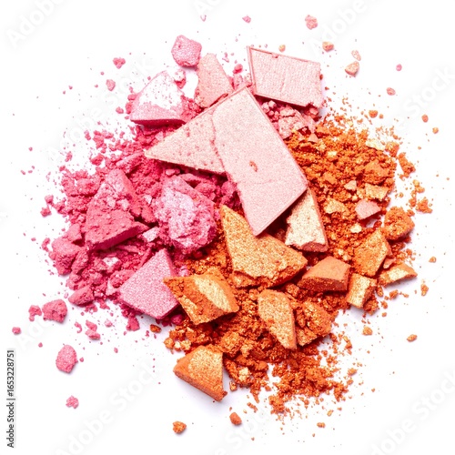 Crushed makeup powder in pink and orange hues, scattered on a white background