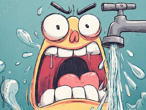 A cartoon face screams in shock as cold water splashes from a faucet, capturing a humorous and exaggerated moment of surprise