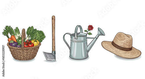 Charming Gardening Still Life with Harvested Vegetables and Classic Garden Tools