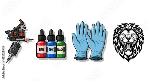 Tattooing equipment featuring tattoo gun, ink bottles, gloves, and fierce lion