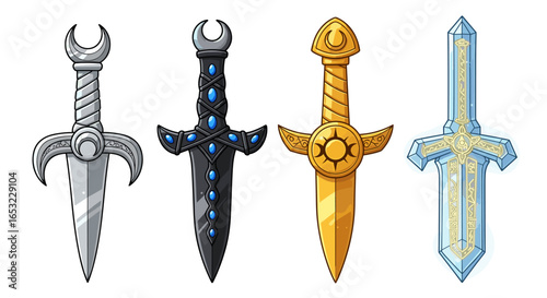 Cartoon fantasy daggers collection with different colors and magical elements
