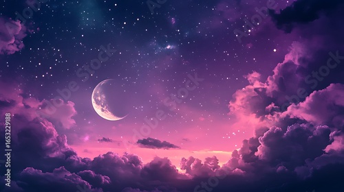 Dreamy crescent moon and nebula clouds in a vibrant purple night sky