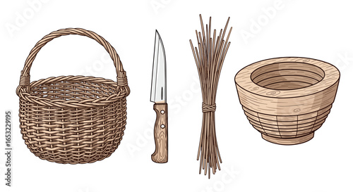 Rustic Still Life: Basket, Knife, Bundle of Sticks and Wooden Bowl
