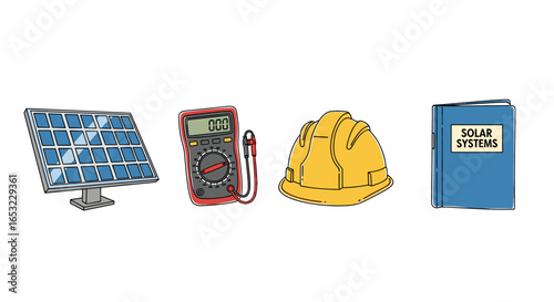 Solar Energy System Concept with Solar Panel, Multimeter, and Safety Gear