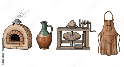 Pottery studio tools illustration: kiln, pitcher, wheel and apron
