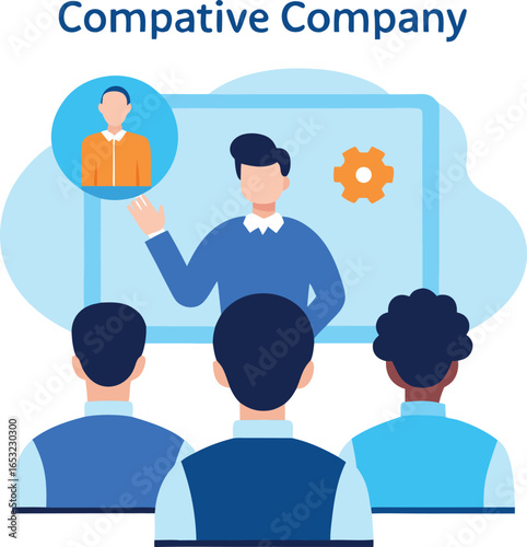 Illustration of a business presentation or training session, with a speaker addressing an audience, discussing company strategy and ideas for growth and success in a professional setting