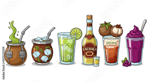 Brazilian beverages collection including Yerba Mate, Caipirinha, Cachaca, Guaraná drink.