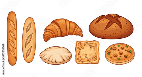 Variety of Freshly Baked Breads Illustrated on White Background
