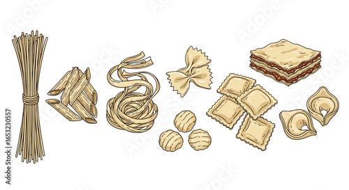 Assortment of Various Colorful Raw Pasta Types for Italian Cuisine
