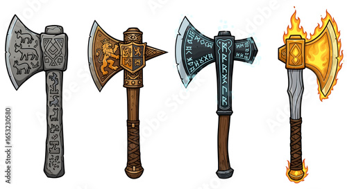 Diverse collection of fantasy axes with unique designs and materials