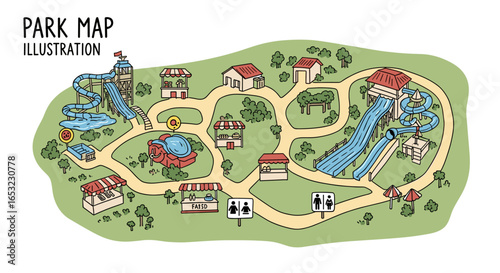 Colorful Hand-Drawn Theme Park Map with Water Slides and Shops