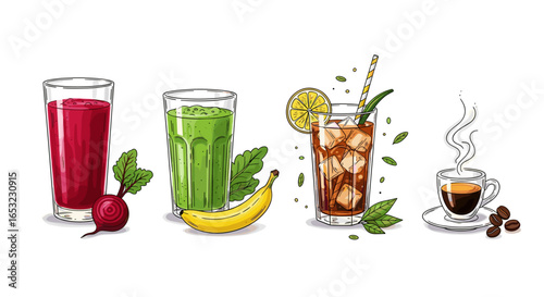 Refreshing Drinks Collection: Colorful Smoothies, Iced Tea, and Hot Coffee