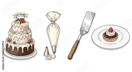 Delicious Desserts and Baking Tools Illustration, Perfect for Celebrations