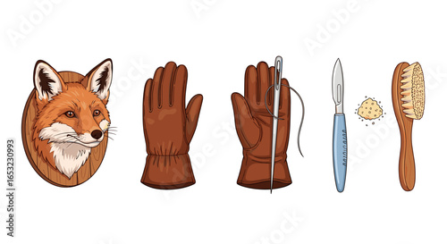 Taxidermy essentials and tools neatly displayed on a crisp white background.