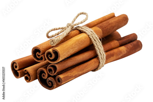 Bundle of cinnamon sticks tied with twine isolated on transparent background