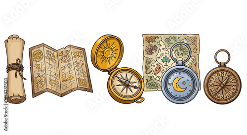 Treasure maps and vintage compasses create an adventurous aesthetic composition