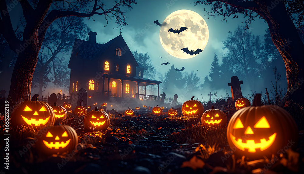Fototapeta premium Spooky Halloween background with haunted house, glowing pumpkins, bats, full moon and foggy graveyard, eerie night illustration wallpaper design