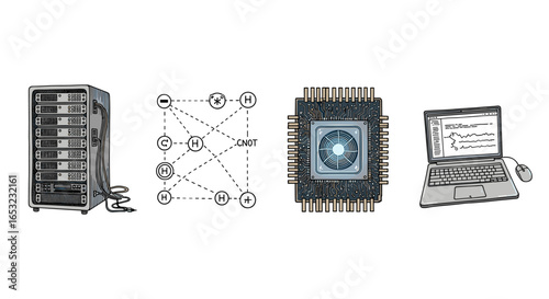 Quantum Computing Illustration: Server, Circuit Diagram, Processor, and Laptop