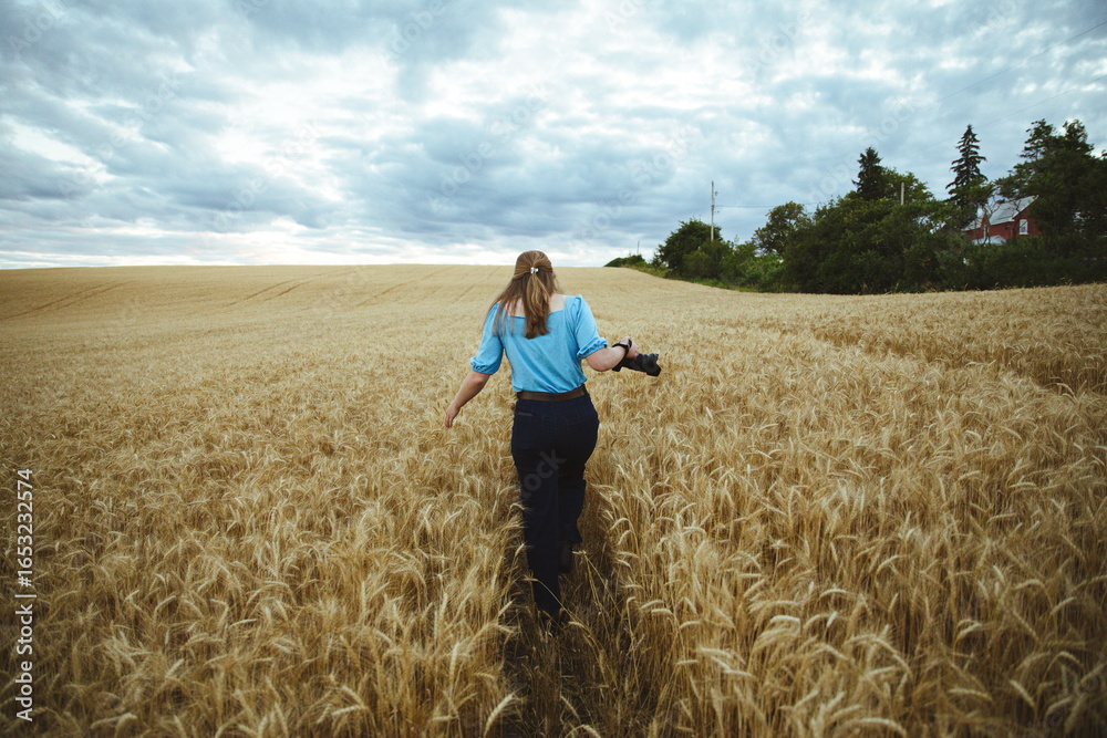 A woman walking in a wheat field holding a camera. A woman walking in a wheat field holding a camera.