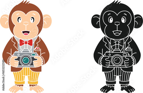 Monkey photographer cartoon vector illustration set art