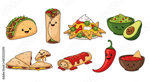 Cartoon Mexican Food Characters Illustration on White Background