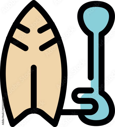 Surfboard and paddle representing stand up paddling, surfing, watersports, and summer activities
