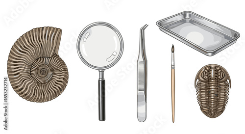 Examining Fossils: Artistic Illustration of Paleontology Tools and Ancient Finds