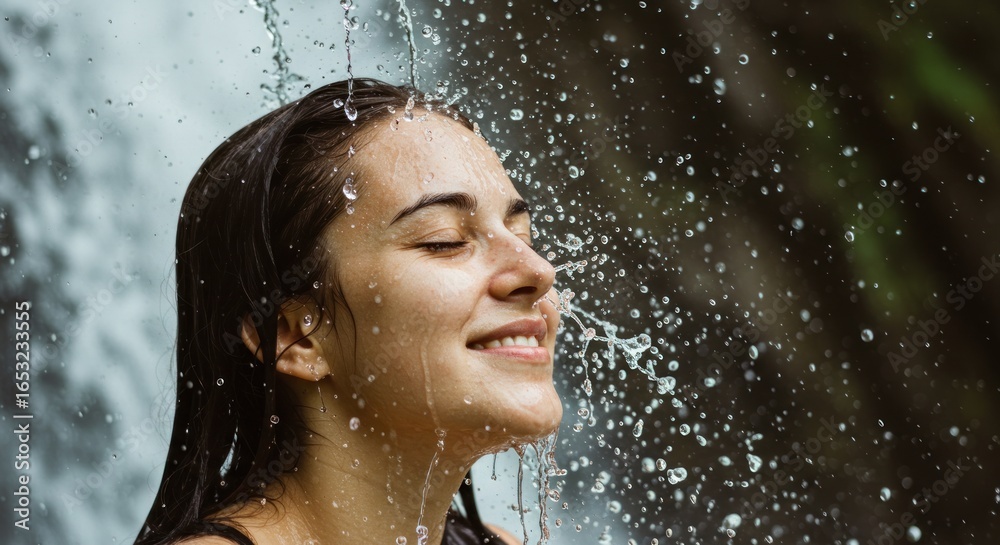Fototapeta premium A young woman enjoys the refreshing spray of a waterfall, smiling with closed eyes.