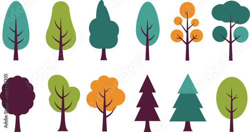 Set of eight different cartoon tree illustrations on transparent background