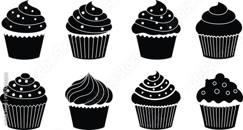 Black and white cupcake pattern with different frosting designs on transparent background