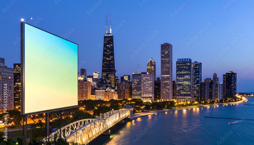 Obraz premium City skyline at twilight with billboard
