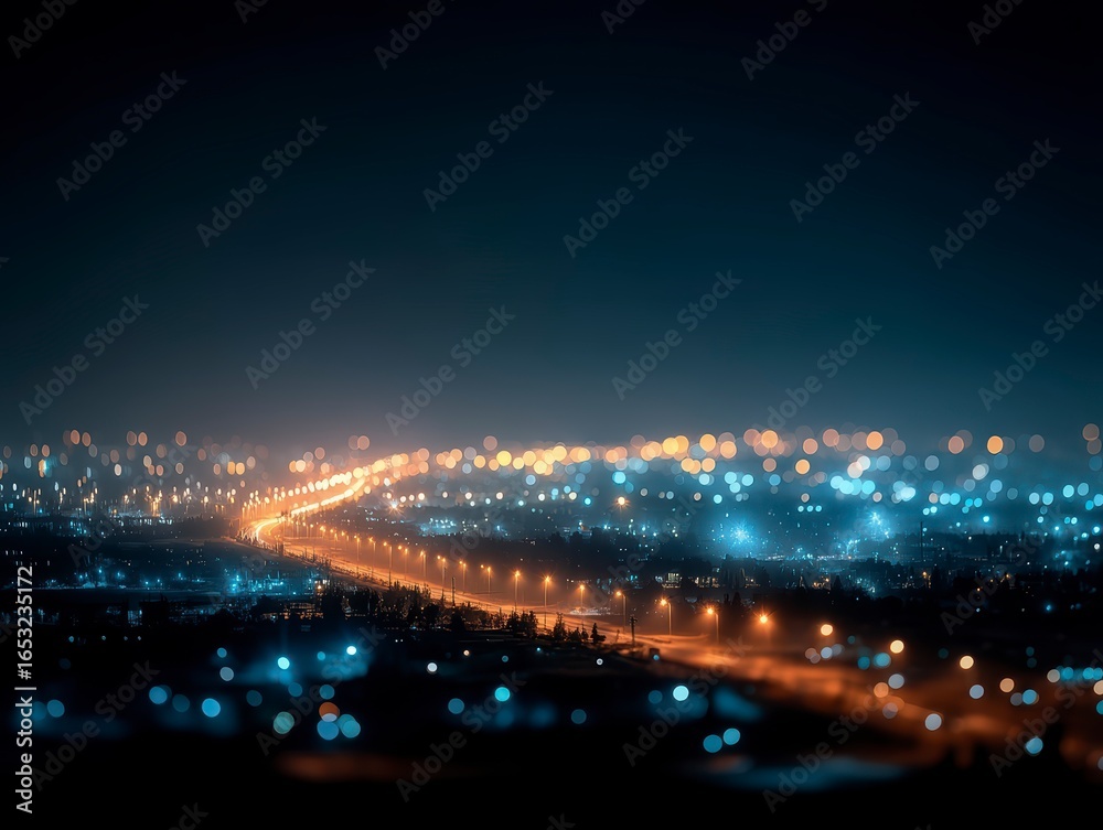 Fototapeta premium Night Cityscape with Bokeh Lights and Blurred Roadway View
