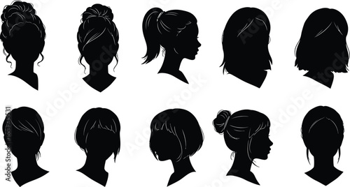 Set of Female Head Silhouettes with Different Hairstyles on transparent background