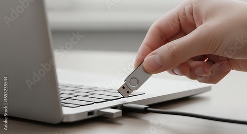 Human hand connecting portable USB flash drive into a laptop computer's side port