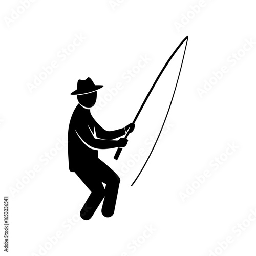 A detailed vector icon showing a fisherman in silhouette form casting his line. This simple black and white graphic symbol represents the recreational hobby of angling