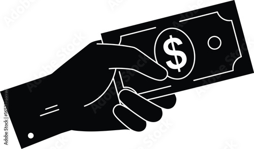 Hand holding dollar bill monochrome illustration on transparent background