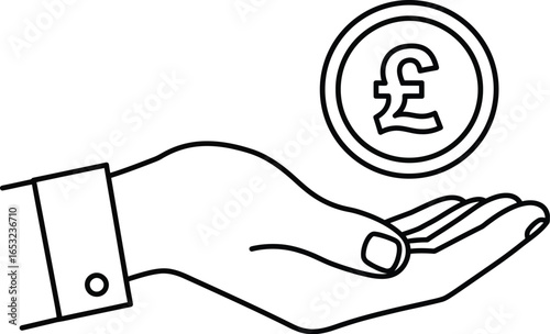 Hand holding a pound coin line art on transparent background Line illustration