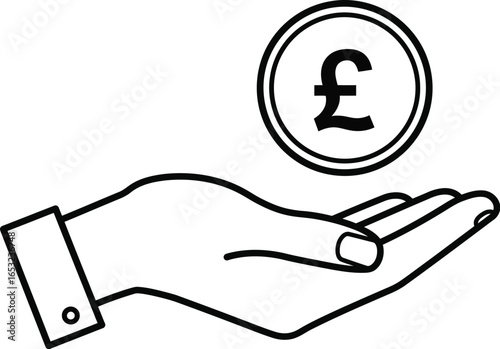 Hand holding a pound coin line art on transparent background