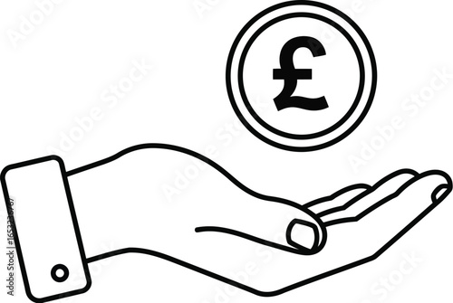 Hand holding pound coin outline vector illustration on transparent background