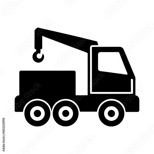Simple black glyph icon of a tow truck from a transportation vector set. This minimalist wrecker silhouette represents roadside assistance, vehicle recovery, and automotive services