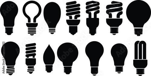Collection of black silhouette light bulb icons in various shapes and styles, ideal for infographics, web design, energy themes, and vector graphics.