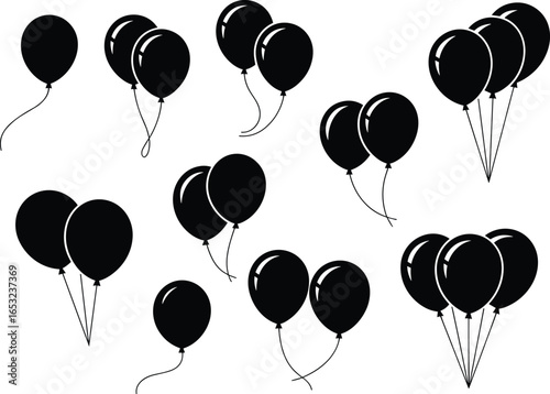 Set of Black Balloon Silhouettes on White Background – Helium Party Balloons Vector for Celebration, Birthday, Festive Decor and Graphic Design Use