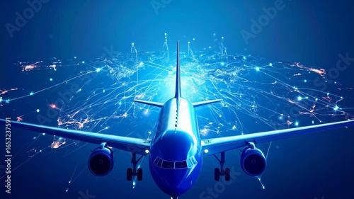 Airplane Flying Over a Digital World Map with Glowing Connections in Blue Tones