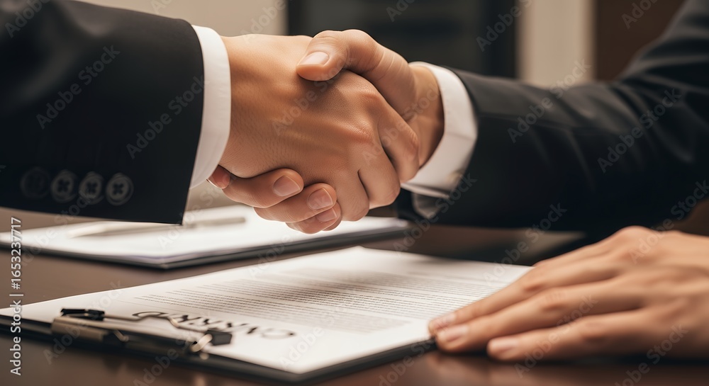 Business Handshake Over Contract after Successful Deal Negotiation Business Handshake Over Contract after Successful Deal Negotiation