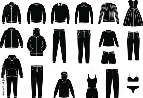 Silhouettes of casual clothing set including hoodies, jackets, pants, dresses, and underwear for fashion design, garment mockups, or apparel illustration.