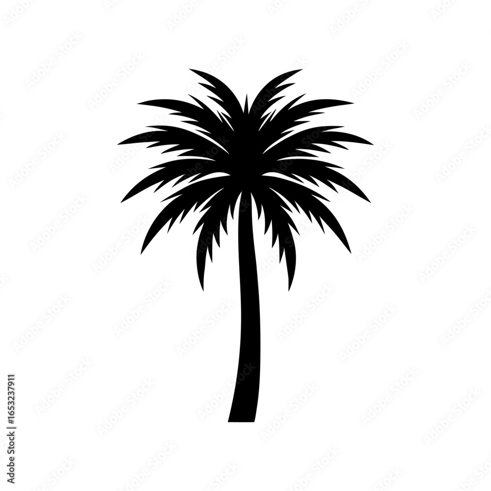 Obraz premium Stylized black silhouette of a tropical palm tree with lush fronds and a slender trunk, evoking feelings of summer holidays, exotic beach destinations, and serene island getaways