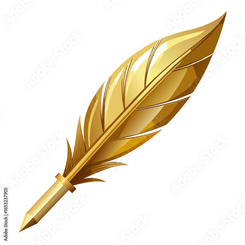 Elegant golden quill pen isolated on white background symbolizing writing and history