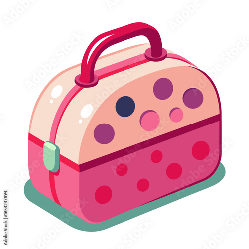 Cute pink and purple polka dot lunch box with handle and latch isolated on black background