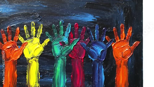 Image is a vibrant, textured painting featuring seven raised hands, each painted in a different color of the rainbow: red, orange, yellow, green, blue, indigo, and violet. The hands are arranged in a 