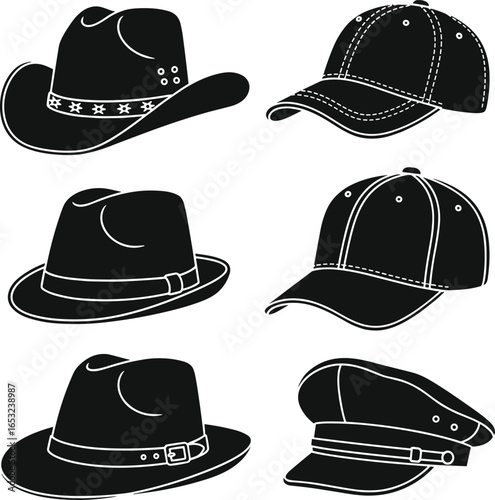 Vector set of black silhouette men’s hats including cowboy hat, baseball caps, fedora hats, and police cap with detailed stitching and strap designs.